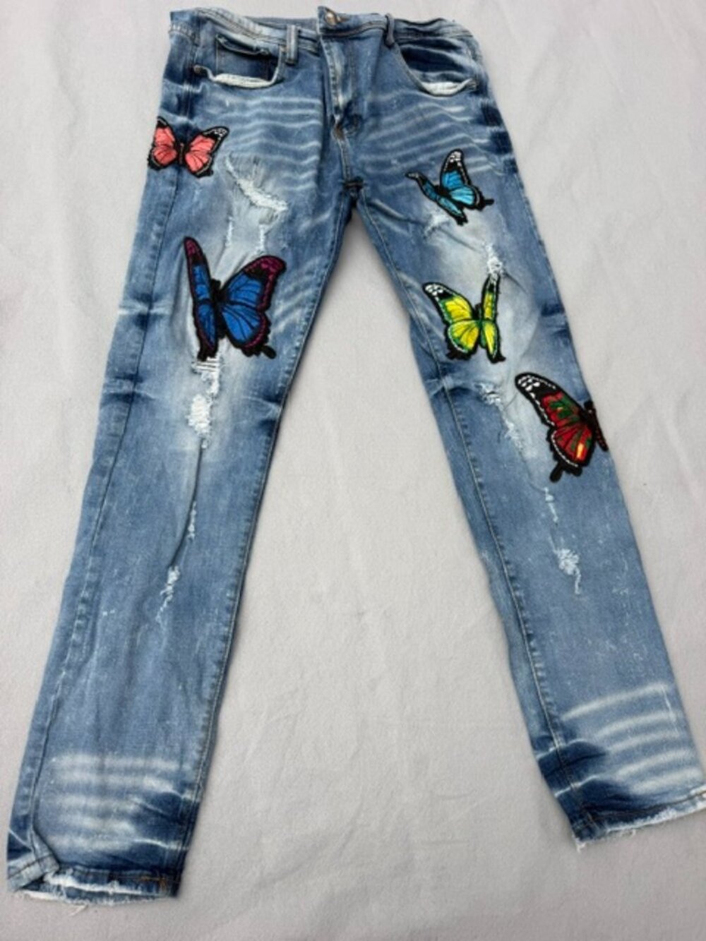 Men's Denim Jeans Vintage Blue Distressed Jeans Embroidered Butterflies 42X34
